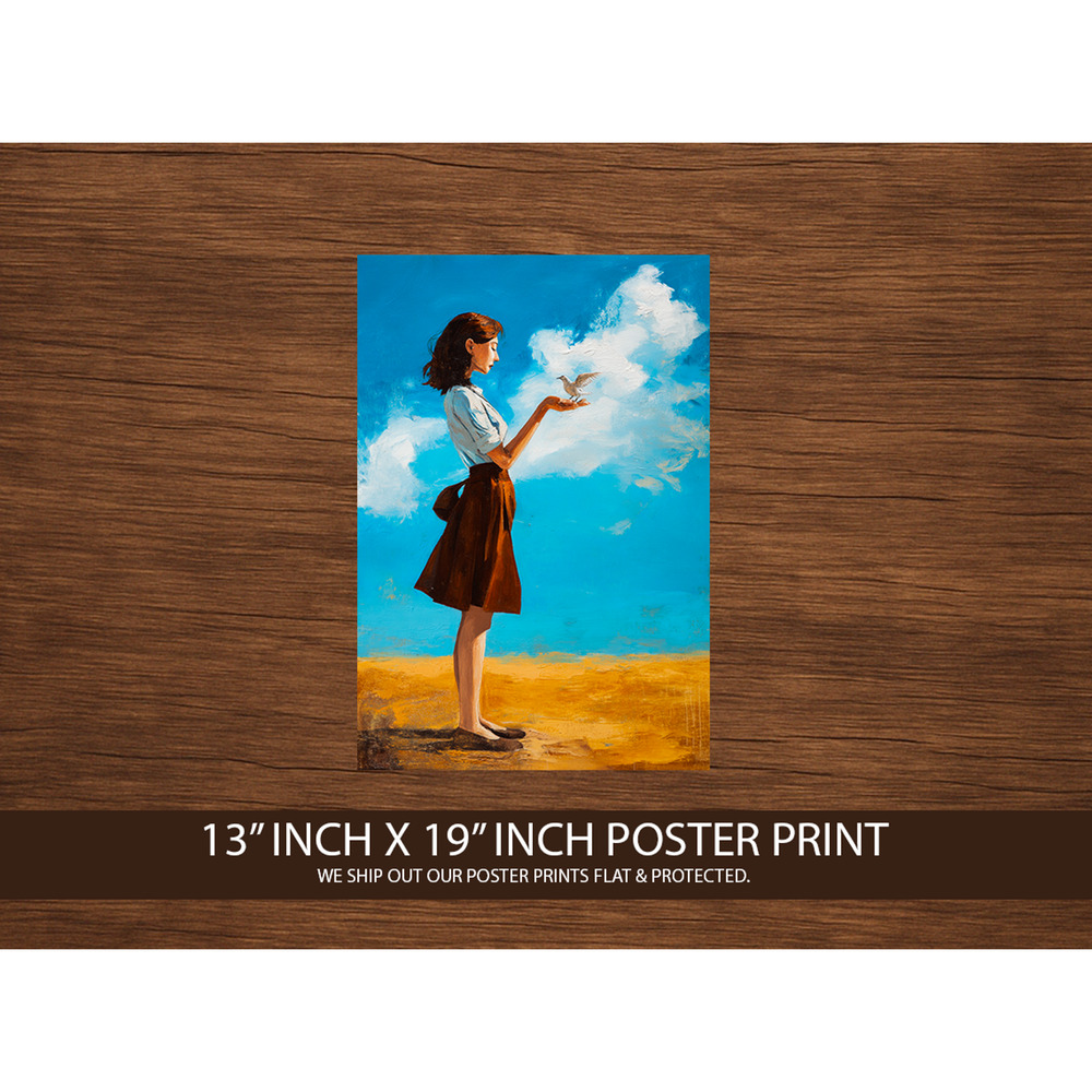 Girl with Bird Art Print 13x19 – Whimsical Nature Poster – Vintage Style Sky